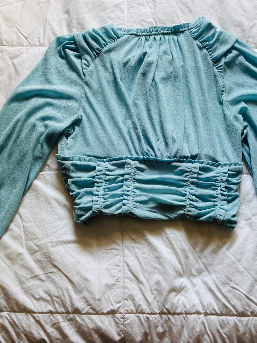 Anthropology Light Blue Ruched Button-Front Crop Top - Picture 9 of 10
